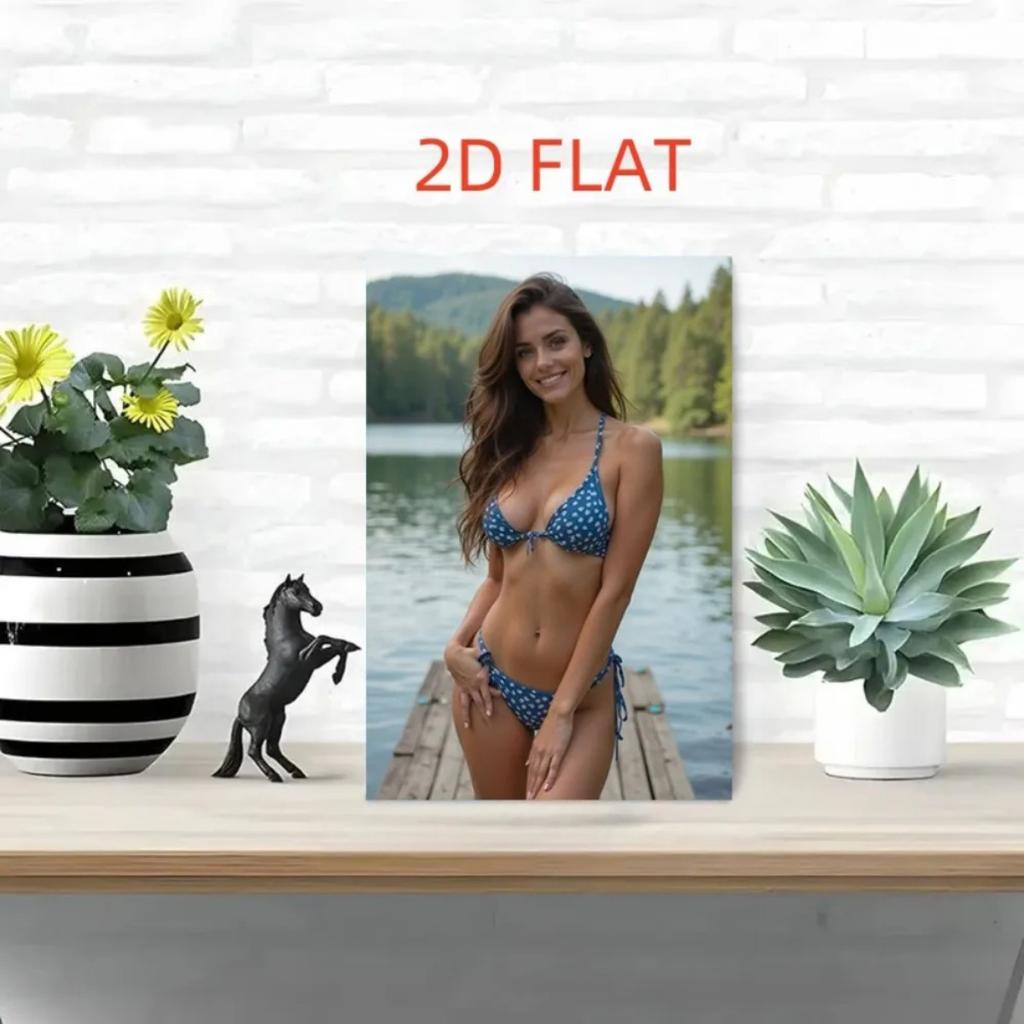Fashion Lake Bridge Metal Wall Art with Blue Polka Dot Bikini Figure, 12x18 Inch Home Bedroom Decor