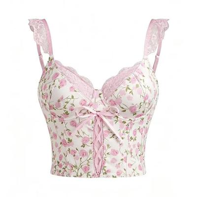 Débardeur Rose à Bretelles Fines et Imprimé Floral, Col Carré et Taille Resserrée - Style Été Européen & Américain