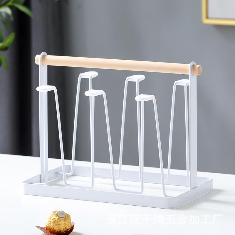 Cup Drying Rack Stand,Beer Glasses Rack 6 Cup Metal Drainer Holder Rack Non-Slip Mugs Cups Organizer with Wood Handle