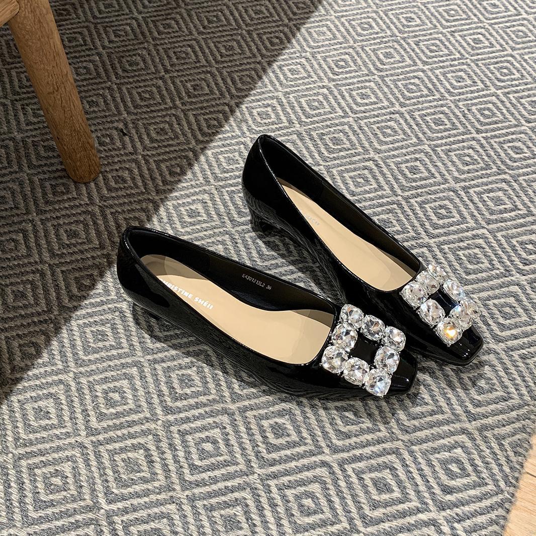 

Genuine leather! Square head square buckle rhinestone shallow mouth thick heel commuting single shoes women s wedding shoes 40