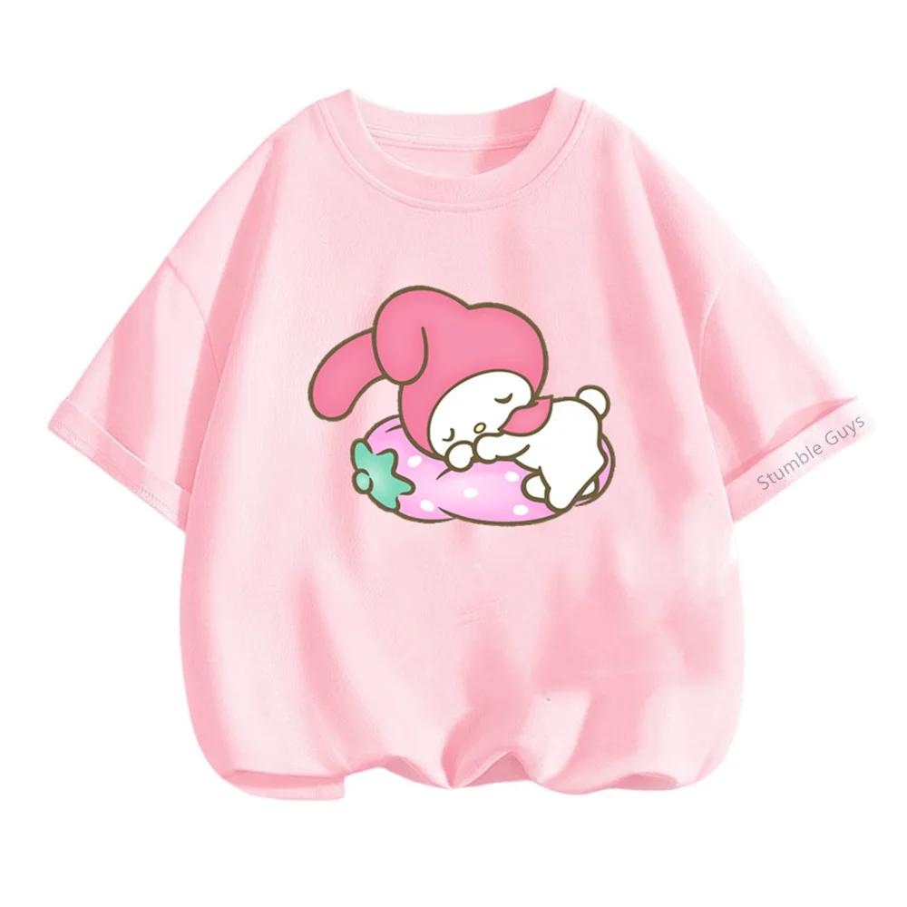 Kawaii My Melody Sanrio Short Sleeve T-shirt 3-14Y Kids Summer Casual Tops Boys Clothes Girls