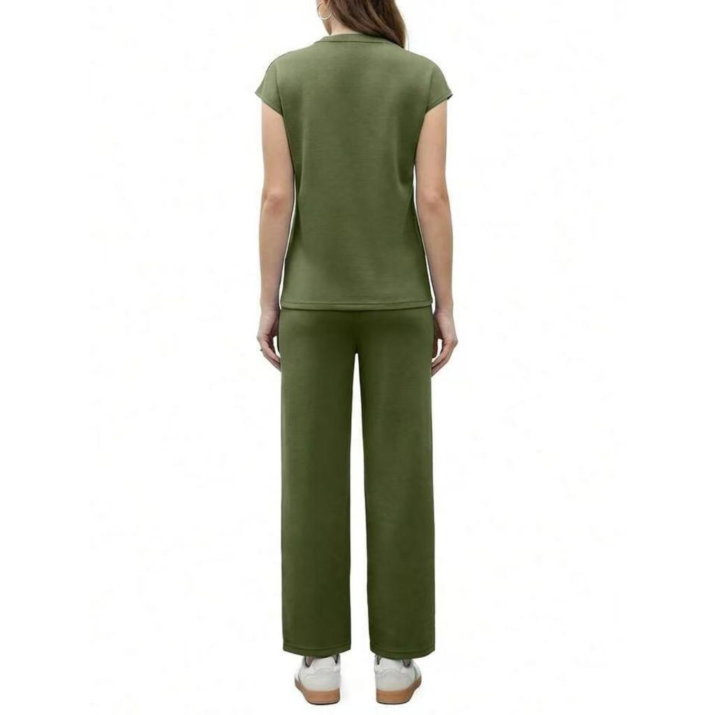 Fashion Women's Spring And Summer Short Sleeved V-neck Top Loose Wide Leg Pants Set
