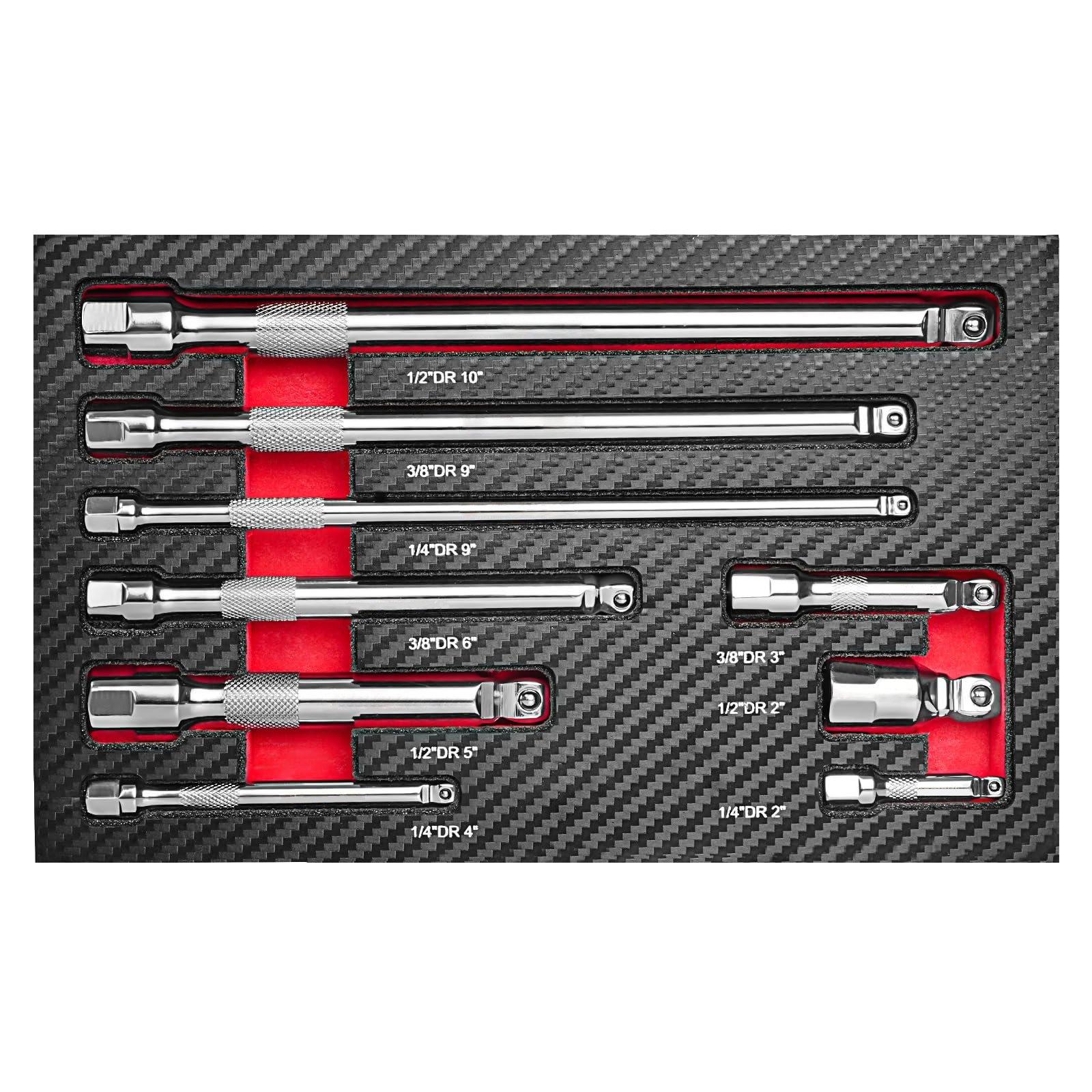 

9Pcs Wobble Socket Extensions Set, Ratchet Extensions 1/4 3/8 1/2 , Wobble Extensions, Drive Socket Extension Length Bar Set