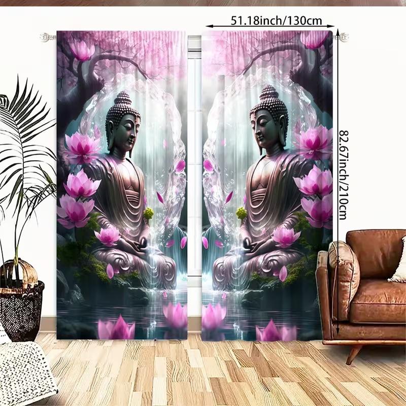 2 Pcs Lotus Buddha print curtains,suitable for bedroom,living room kitchen decoration,home decoration,window decoration