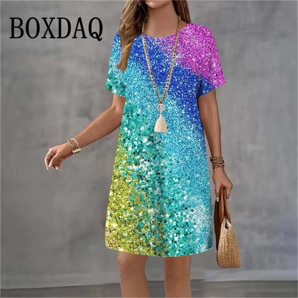 

2026 New Summer Dresses Fashion Women Tie Dye Gradient 3D Printed Dress Loose Plus Size Casual Street Short Sleeve A-Line Dress XL