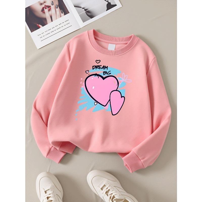 European sizes Girls' Crew Neck Sweatshirt Dream Big Heart Love Pink Blue, Soft Cozy Pullover, Warm Casual Outfit