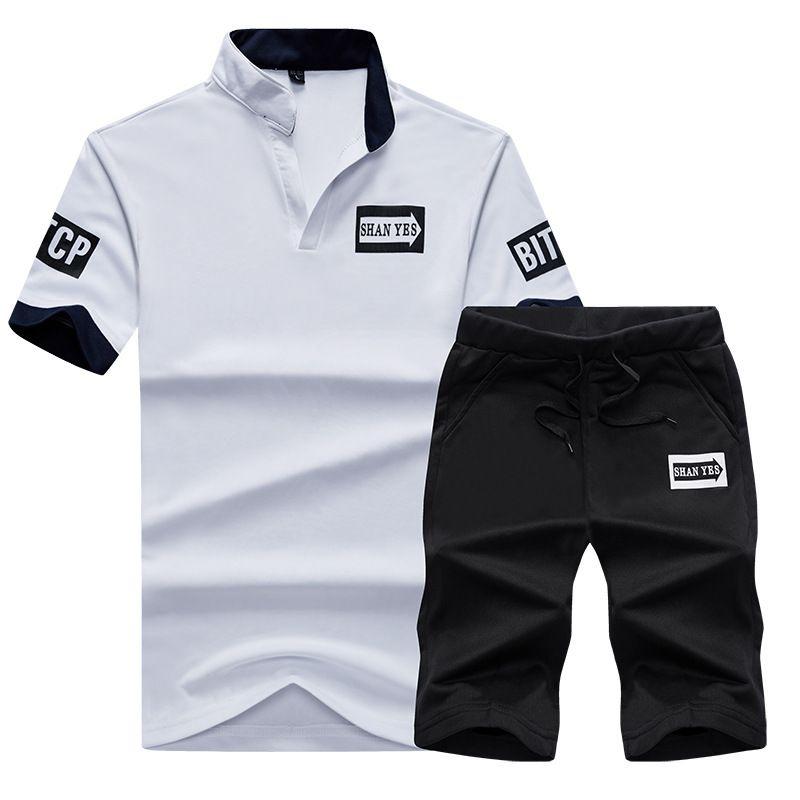 

Stand Collar Men Crew Neck Tshirt Shorts Suit Tracksuits Sets Tee Short Pants White,3XL