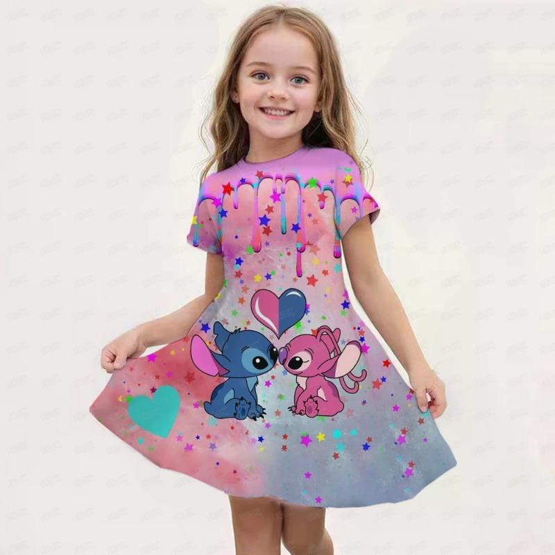 Disney Stitch Print Children's Dress, Birthday Party Girl Princess Summer Casual Soft Cute Costume Top, Hot Sale