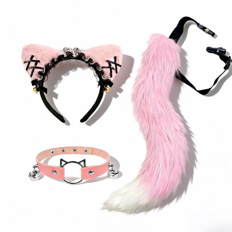 Anime-Inspired Kawaii Cat Ear Headband With Collar Belt Fox Tail Costume Set Women Adult Cosplay