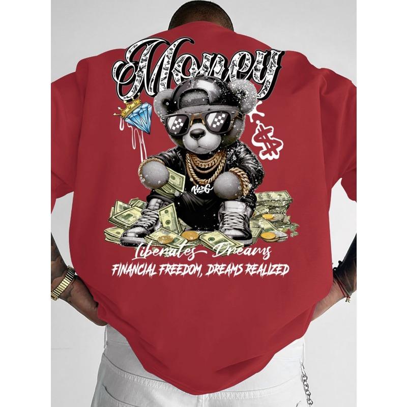Fashionable men's summer teddy bear wealth letter print comfortable and breathable round neck T-shirt outdoor street top