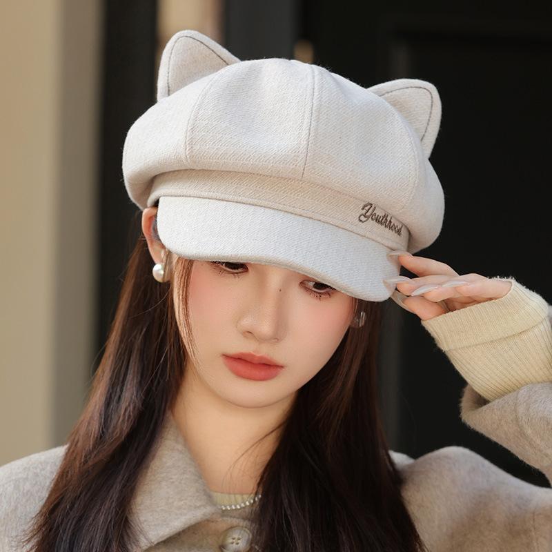 Hat Autumn and Winter Women's Cute Embroidered Letters Cat Ears Beret Painter Hat