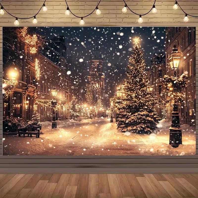 2D Vintage Christmas Town Backdrop Glowing Tree Winter Wonderland Decor 47.2x31.5inch/120*80cm