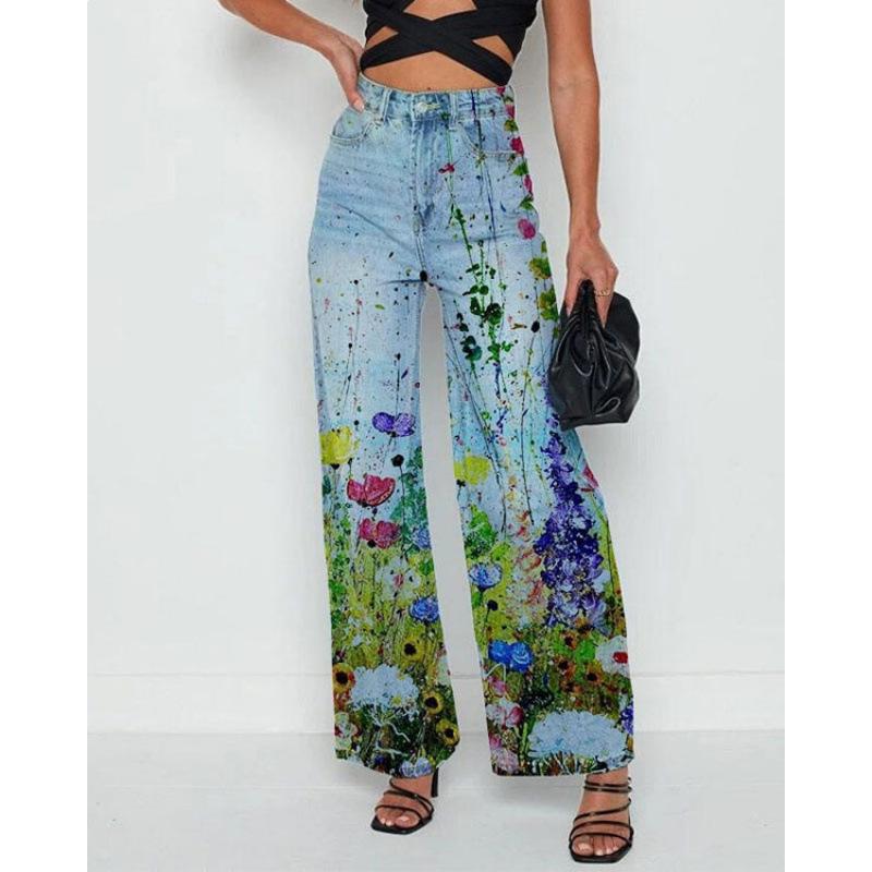 2026 summer new printing European and American style cross-border 3D trend jeans loose casual straight wide-leg trousers women S