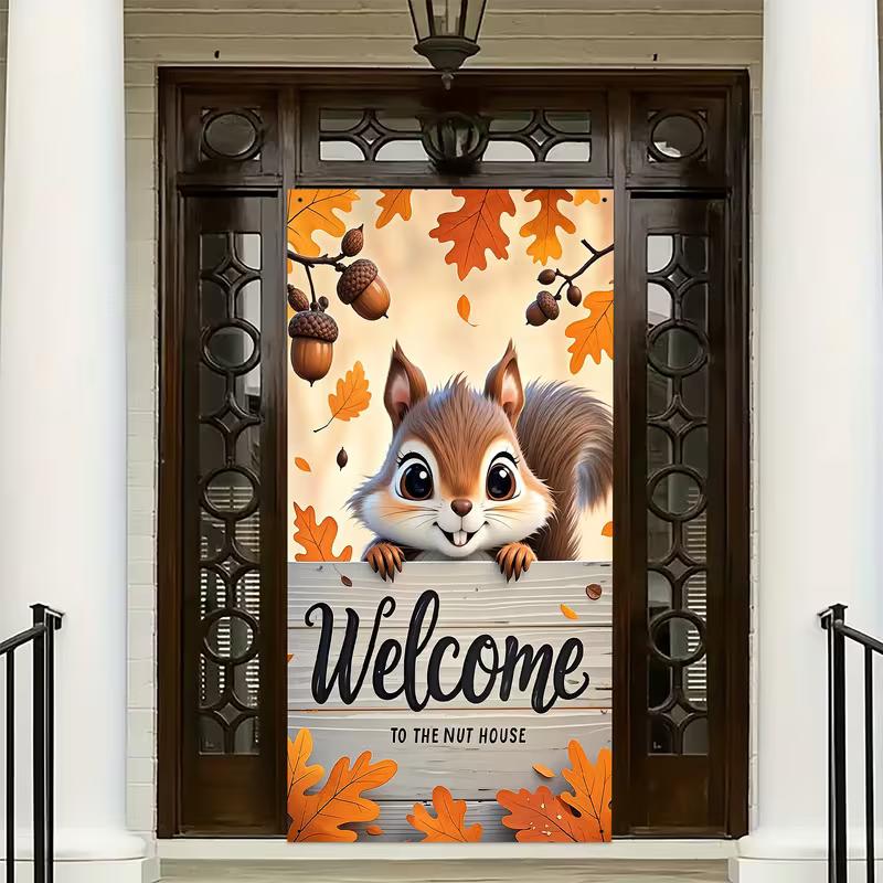 

2D Fall Squirrel Door Banner with Welcome to the Nut House Text, Acorns and Oak Leaves 47.2x31.5inch/120*80cm