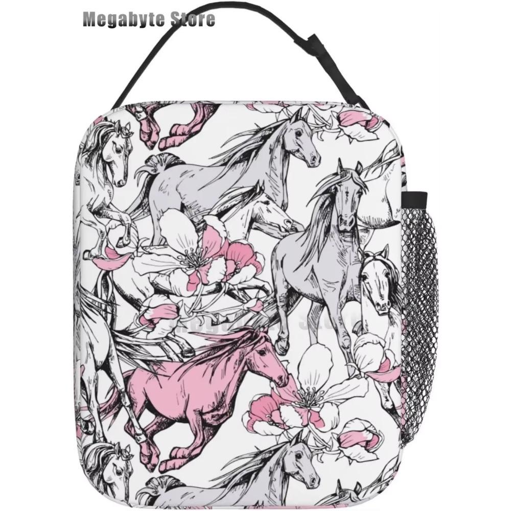 Horse And Flower Lunch Box Insulated Lunch Bags Zipper Lunch Bag Cooler Tote Bag For Teens Men Women Office Picnic