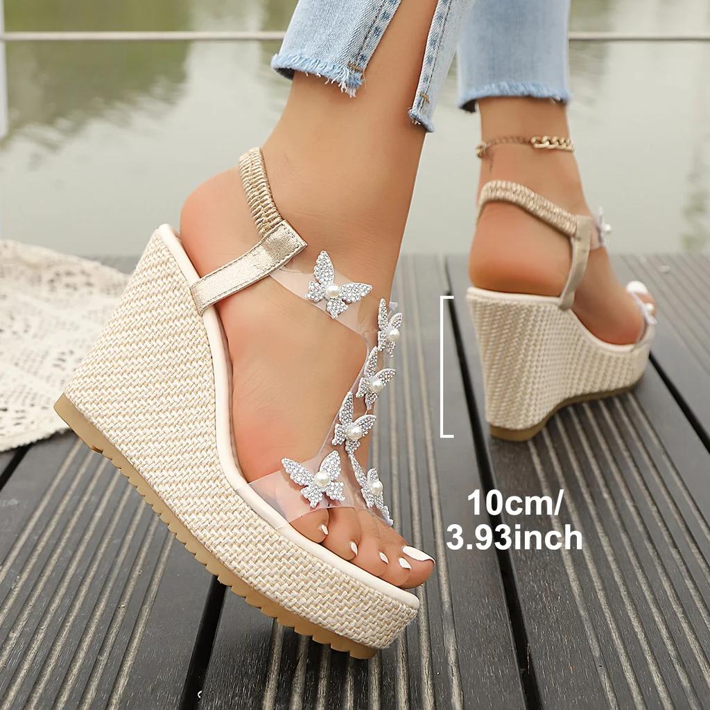 Mode Damen High Heels Keilsandalen Strass Plateau Schuhe für Damen Modische Schmetterlingsdekoration Sandalen Sandalias De Mujer