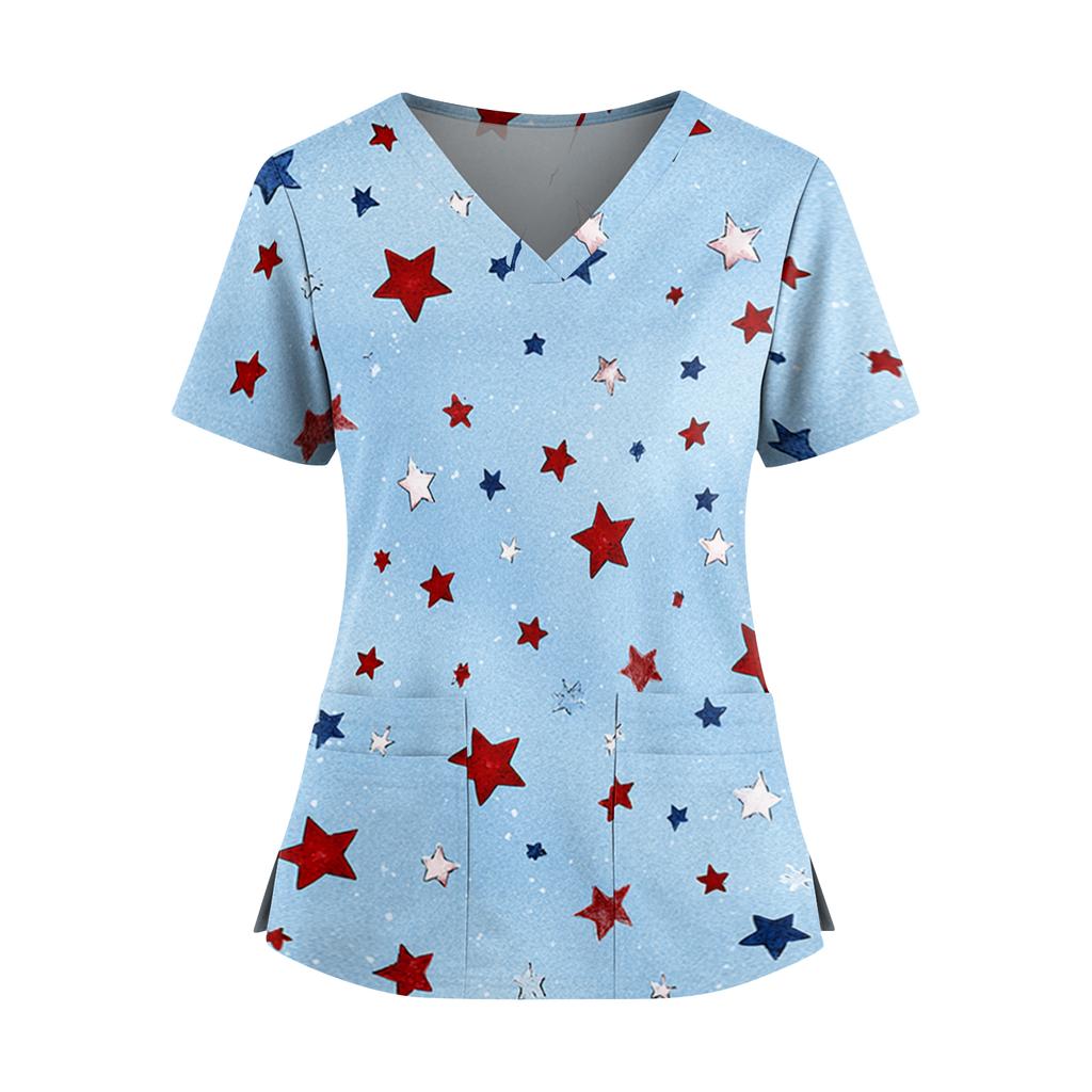 Uniforme de Manga Corta con Estampado del Día de la Independencia para Mujer, Cuello en V, Doble Bolsillo, Dobladillo con Abertura - Top para Cuidador
