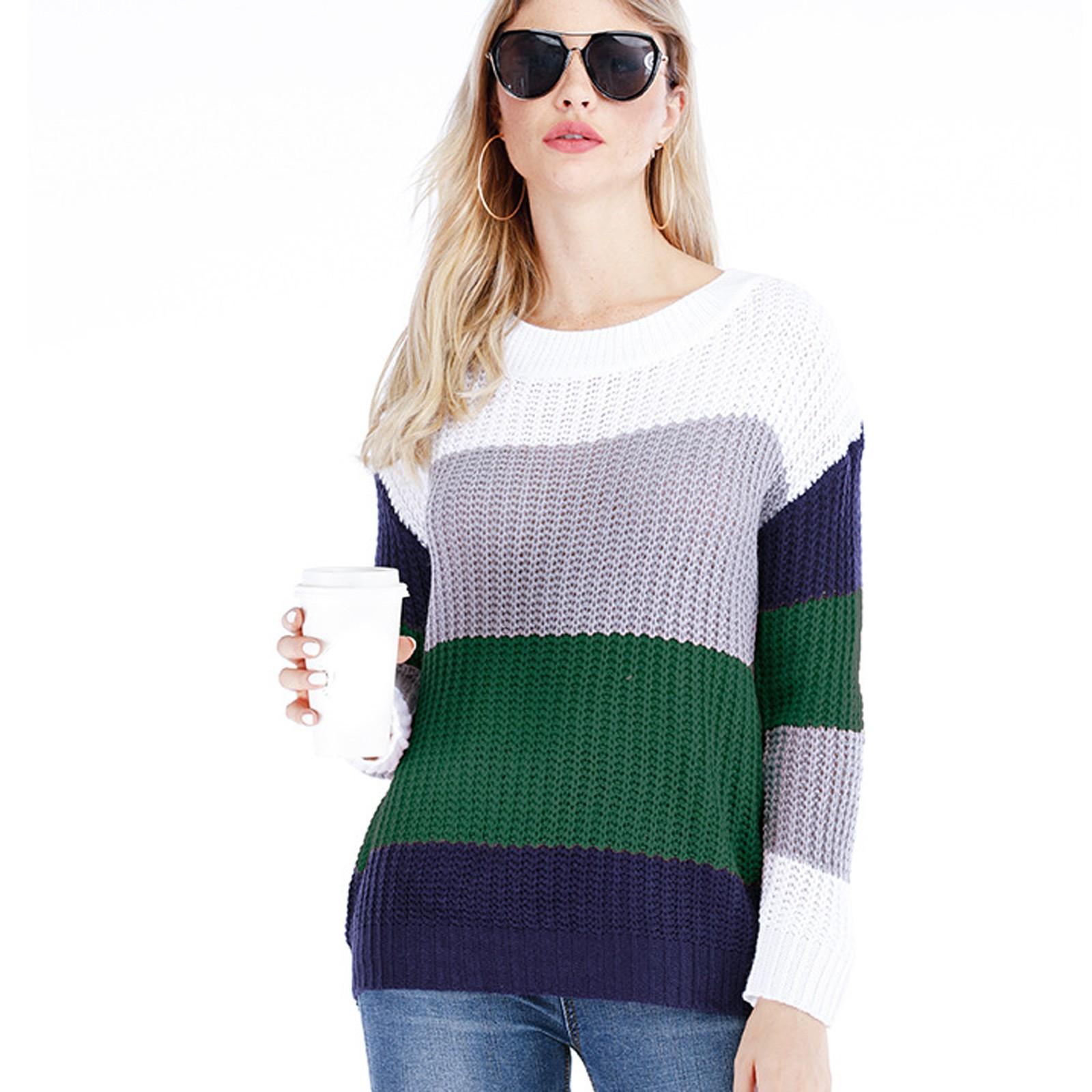 

Женская мода в полоску, контрастный цвет, круглый вырез, реглан, длинный рукав, вязаный свитер, топ M зелёный