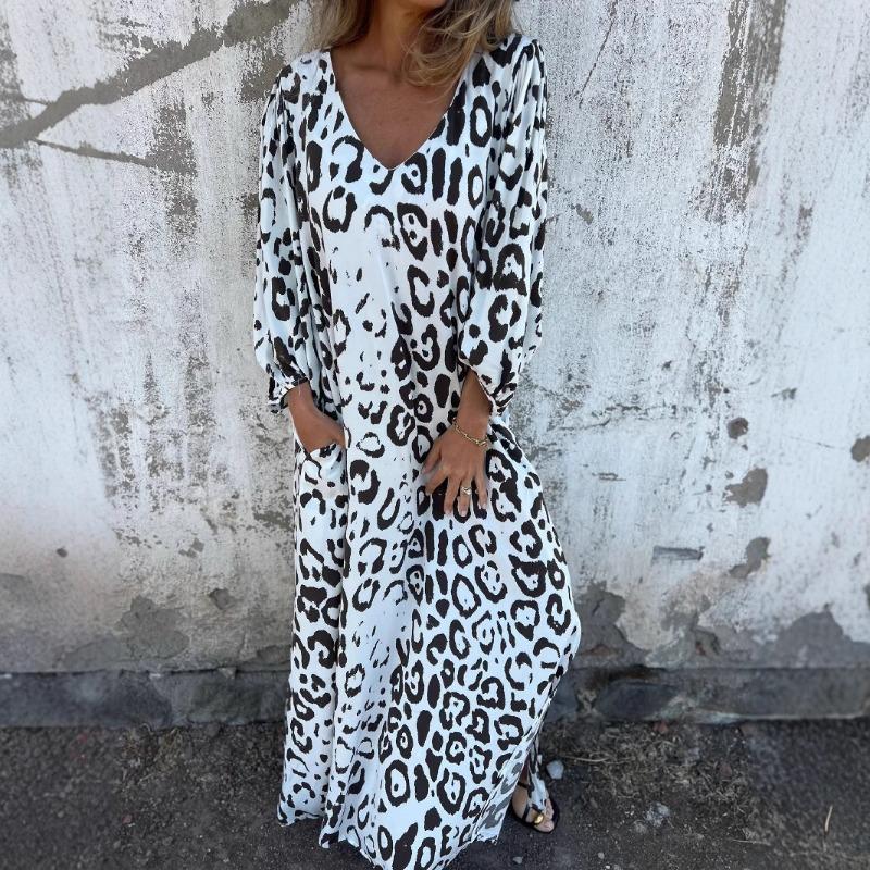 Spring Summer Printed Leopard Print V-neck Loose Dress for Women Dress