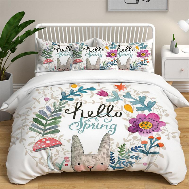 Cartoon Rabbit Bedding Set For Boys Girl Teen Botanical Plant Duvet Cover Microfiber Kawaii Bunny Comforter Cover Bedroom Decor