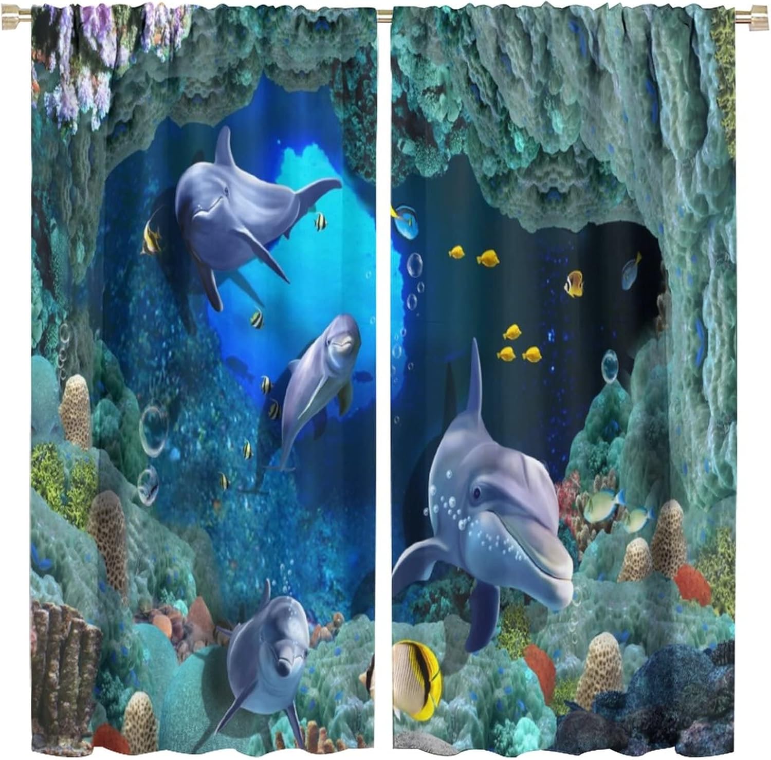 Shark Curta, Marine Mammal Inhabitants Whale Dolphin Octopus Jellyfish Starfish Wave Image, Kids Bedroom Nursery Window Decor 53x116CM-2PC