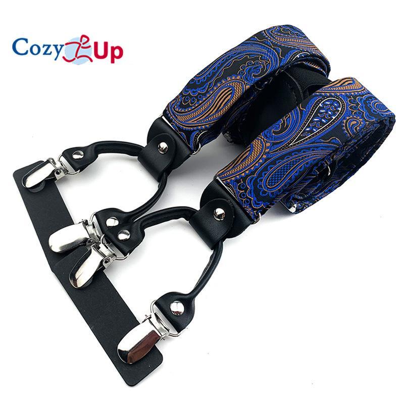 Suspensórios masculinos adultos em forma de Y com 6 clipes em tecido jacquard de couro com alça traseira elástica ajustável com ganchos giratórios e tiras elásticas nas costas em Y