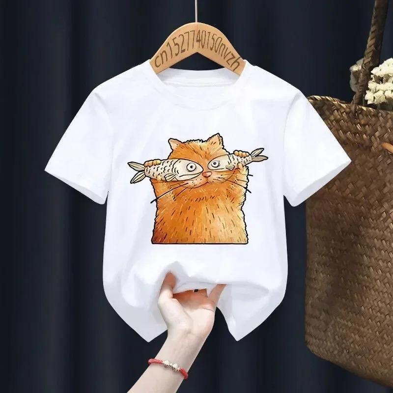 3D printed fun cat children's T-shirt cute pet animal pattern T-shirt summer casual short sleeved round neck top