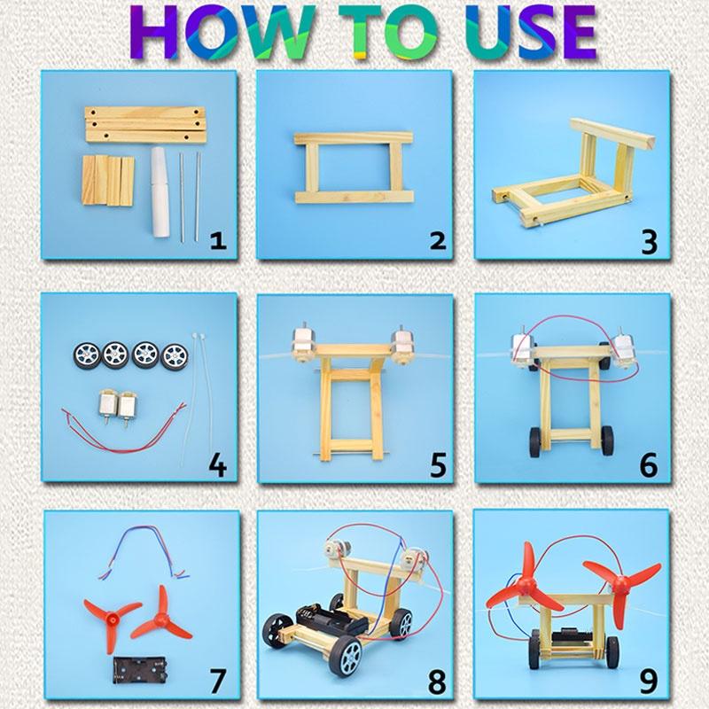 Holz Zweiflügel Windkraft Elektroauto Wissenschaft Physik Experiment Spielzeug für Kinder Jugendliche Handgefertigt Zusammenbauen Lernspielzeug Geschenke