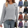 Women's Fashionable Round Neck Long Sleeved Button Patchwork Temperament Commuting Stripe Casual Pullover T-shirt Top
