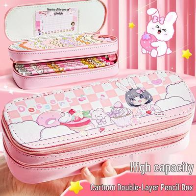 Large Capacity Double Layer Pencil Case - Cute, Stylish Canvas Stationery Box for School Students
