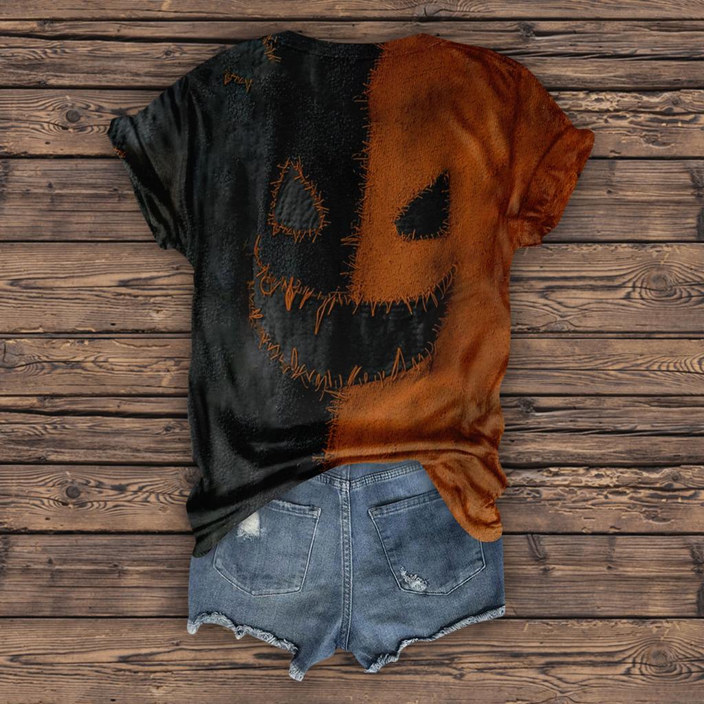 Women's Fashion Casual Three-quarter Sleeve Halloween Letters,  Face Print Top