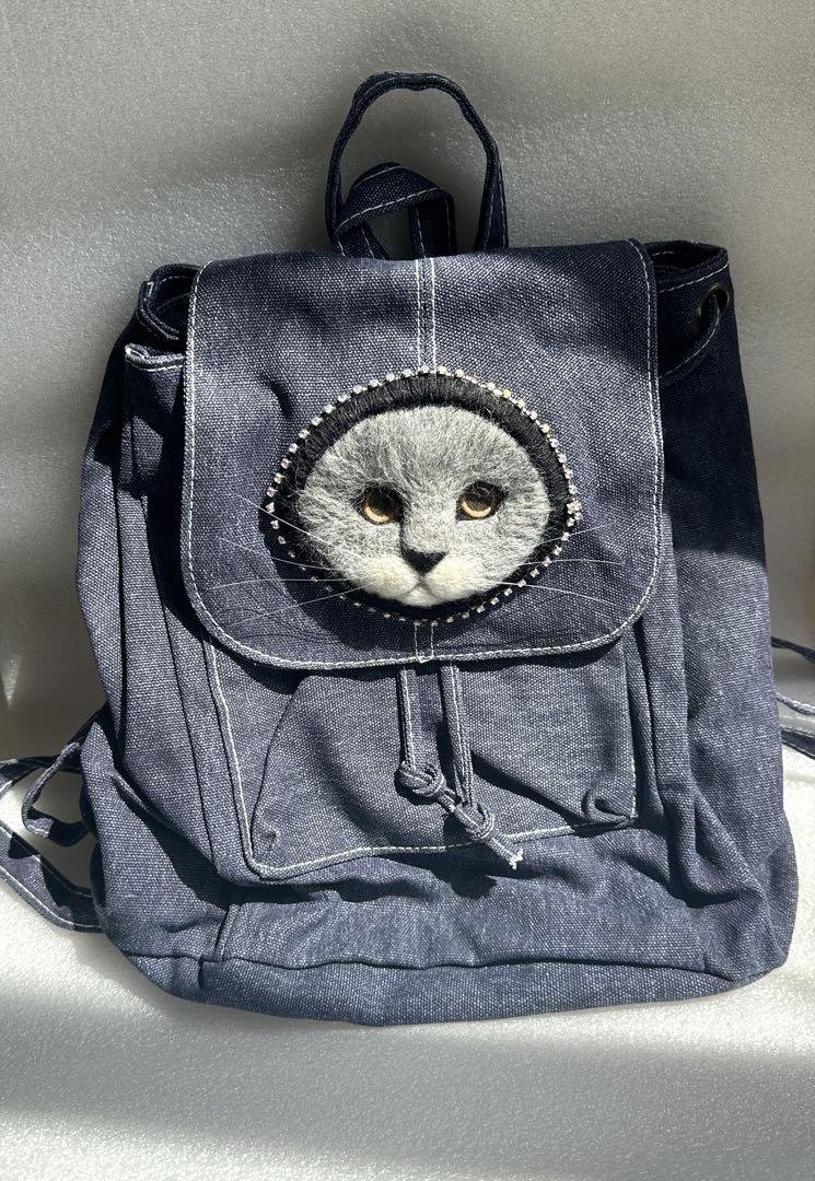 

[USED] Large wool felt cat teddy bear handmade stuffed animal bag