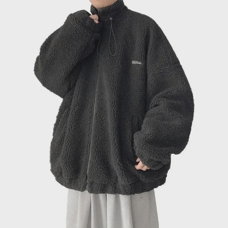 Herren Winter Doppel-Lammfelljacke, Hongkong-Stil, Samtgefüttert, Dick, Lockere Passform, Einfarbig, Trendiger Reißverschluss Baumwollmantel