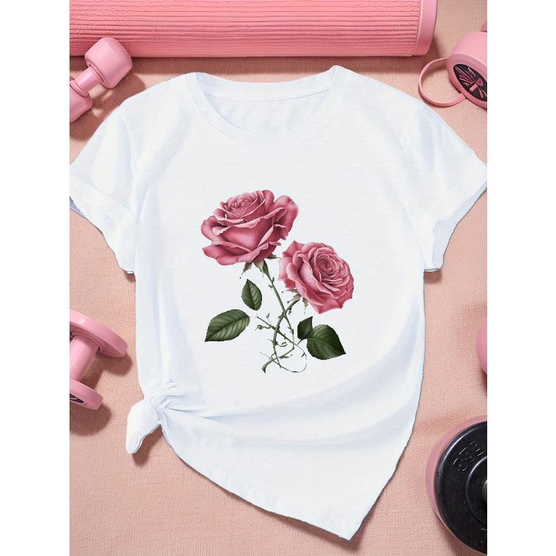 European Sizes Two Exquisite Pink Roses Women's Plus Size Sports Short Sleeve T-Shirt