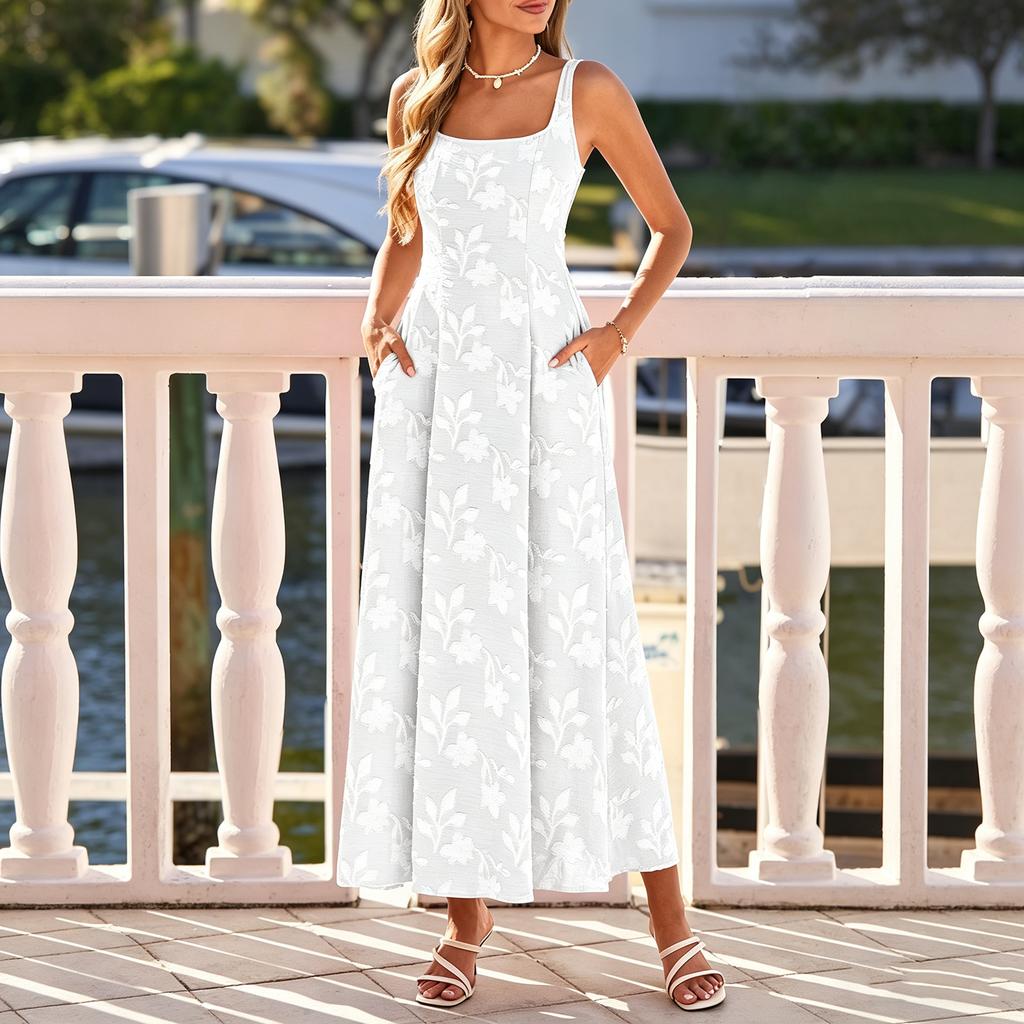 Women’s Sleeveless Maxi Dress with Square Neck Adjustable Straps and Shirred Detailing for Casual or Formal Wear
