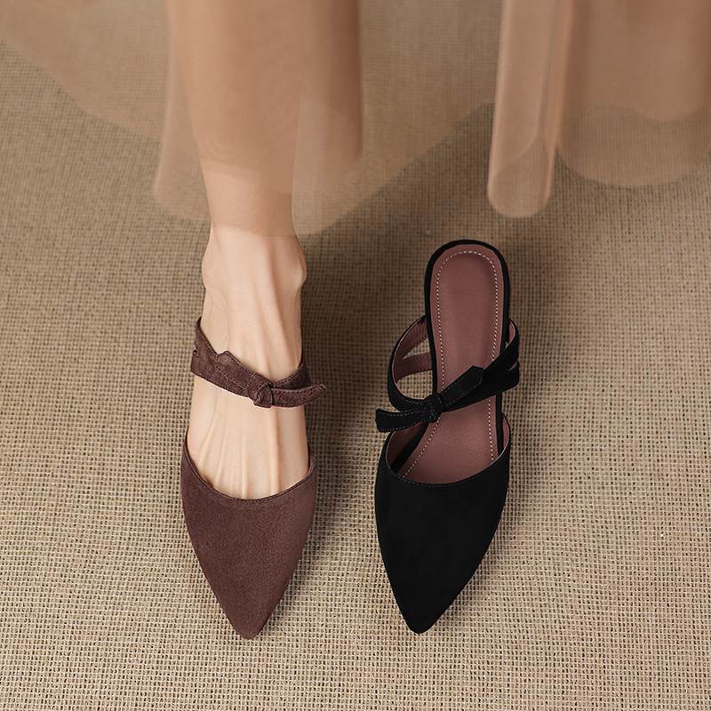 Krazing Pot Suede Butterfly-knot Mules Strange Style Med Heels Summer Size 42 Pointed Toe Slip on Women Shallow Pumps
