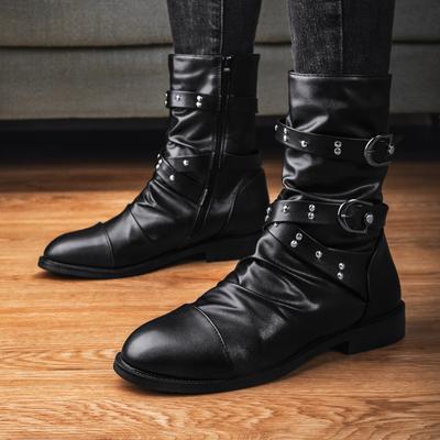 Men'S Motorcycle Boots For Men Classic Retro Punk Rivets Chelsea Boots Fad Design Belt Buckle Leather Shoes For Men Botas Hombre