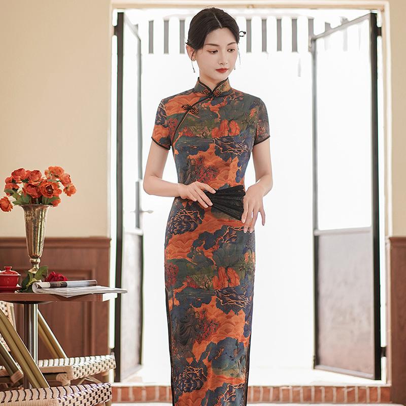 Women's Spring and Summer Retro Slim Cheongsam Long Dress Banquet Performance Elegant Dresses