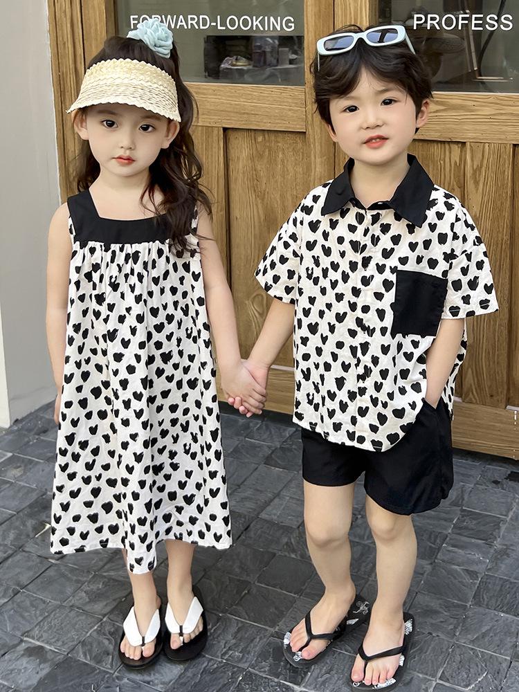 2025 Summer Sibling Outfits: Korean-Style Loose Sling Dress & Shorts Set for Boys and Girls