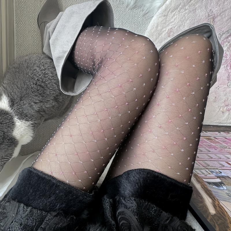 

Spring And Summer Stockings Women S Anti-Hook Silk Can T Fall Off The Crotch Powder Point Small Rhombus Grid Jacquard Bottoms Black Stockings Pantyhos One size fits all