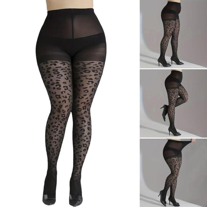 Large Size Leopard Patterned Silk Tights Sheer Pantyhose High Waist Black Control Top Leggings Stockings for Women Gift