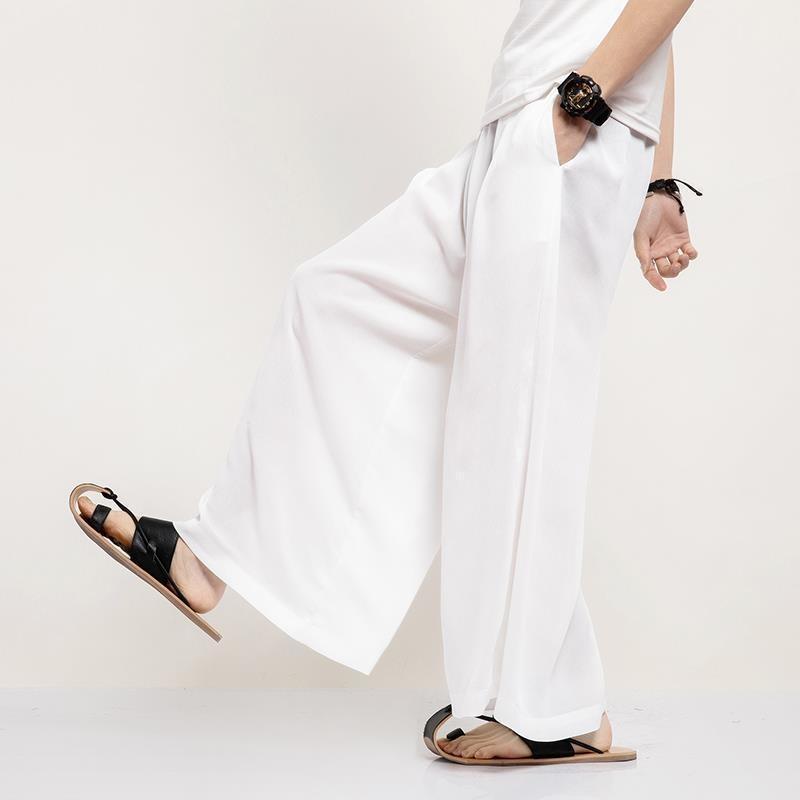 Men's Ice Silk Retro Chinese Style Drape Nine-Point Wide-Leg Pants