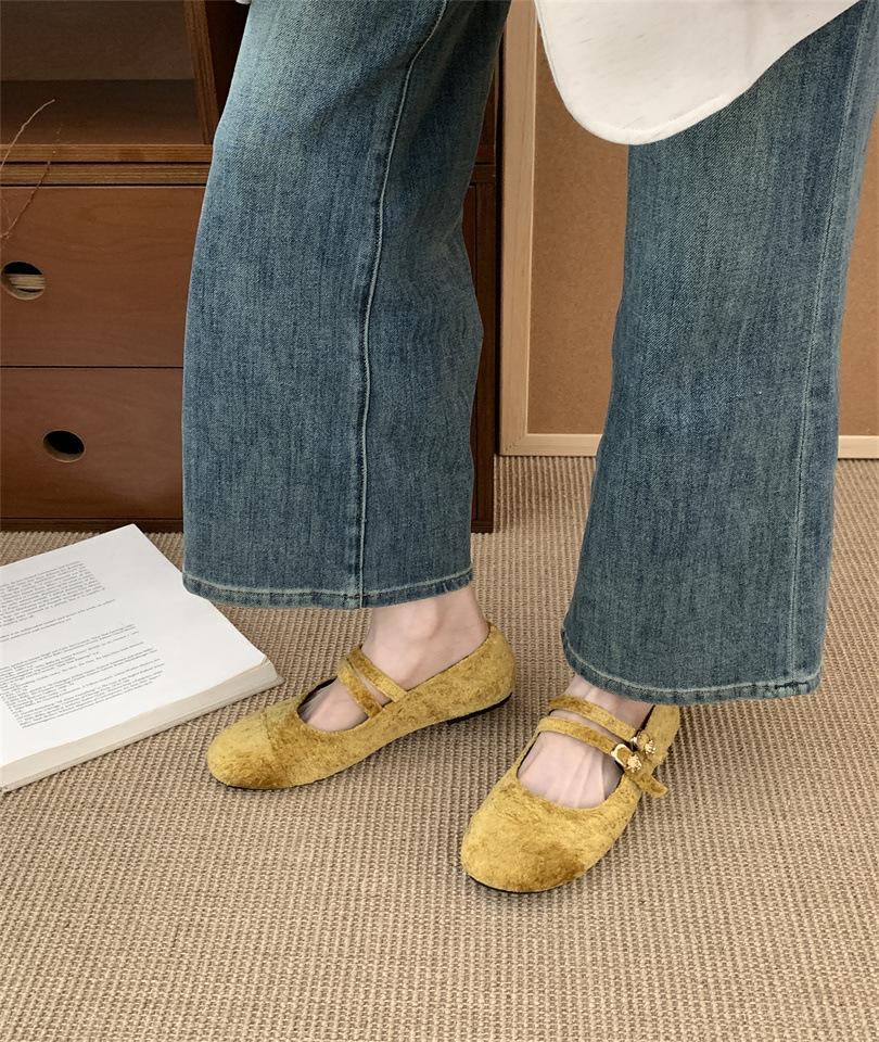 French Retro Velvet Double Buckle Mary Jane Flat Single Shoes Women's 2025 New Niche Versatile Ballet Shoes Grandma Shoes