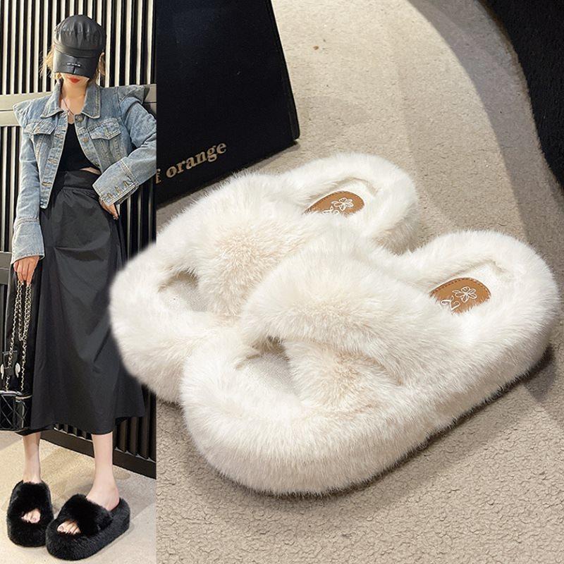 Spring and Autumn Height Increase Fluffy Slippers Women Wear Fleece Large Size Fairy New Wind Cotton Drag Thick Bottom 2025 Black