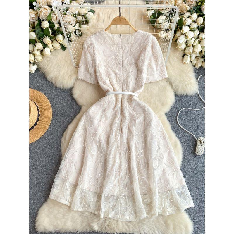 French Style Gentle Dress Women's Accessible Luxury Embroidered Sequins Flower Silm Mid Length Long Length Fancy Gold Style Dress
