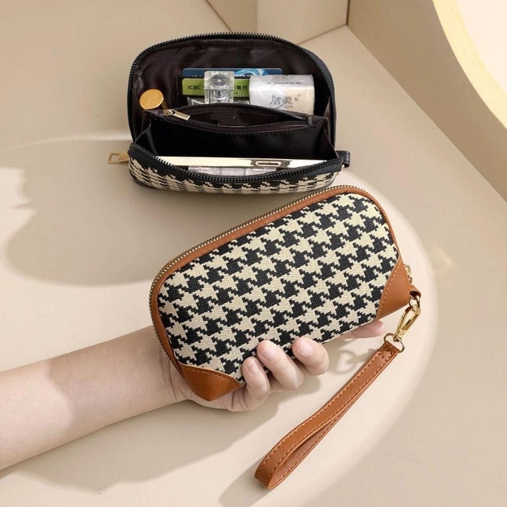 Canvas Long Style Wallet Pu Leather Square Change Purse Fashion Houndstooth Zipper Purse  Travel