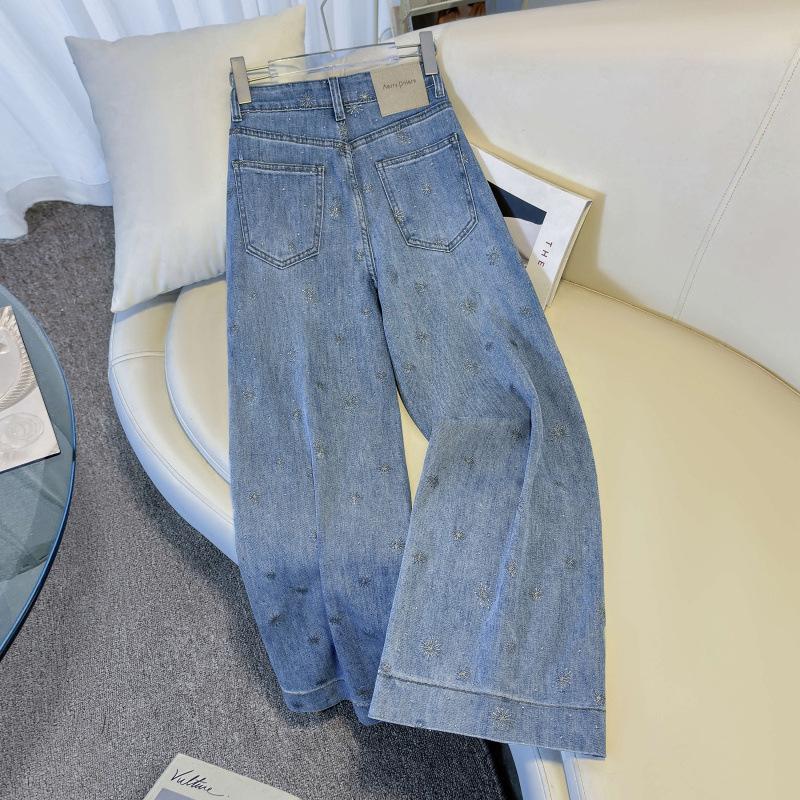 American retro blue gypsy hot diamond jeans women's summer new small high-waisted thin straight pants