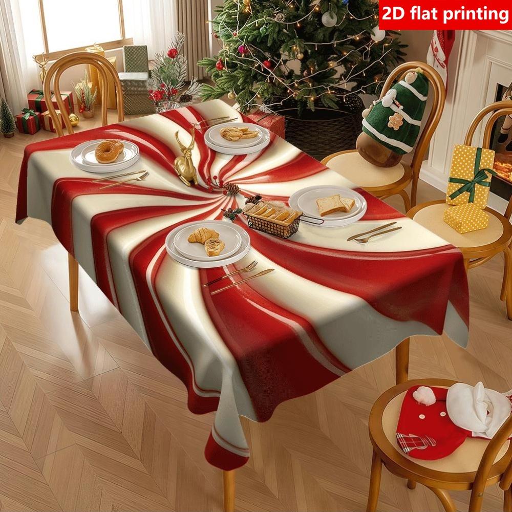 2D Flat Printing, 1pc Christmas Red and White Spiral Candy Texture Tablecloth, Durable, Coffee Table Cover, Party Gathering, Tabletop Atmosphere Decor