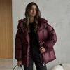 Women's Stand Collar Drawstring Waist Puffer Coat Detachable Hood Long Sleeve Polyester Warm Winter Cotton Jacket
