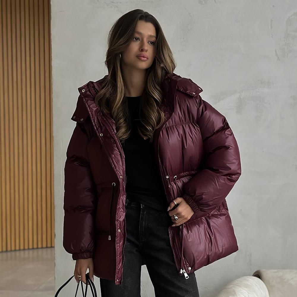 Women's Stand Collar Drawstring Waist Puffer Coat Detachable Hood Long Sleeve Polyester Warm Winter Cotton Jacket